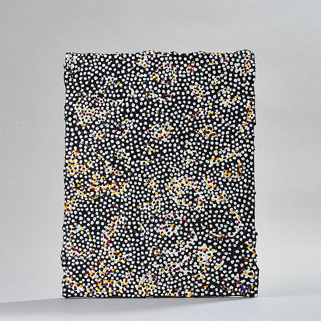 Dense white dots and small colored marks cover a black rectangular painted work.